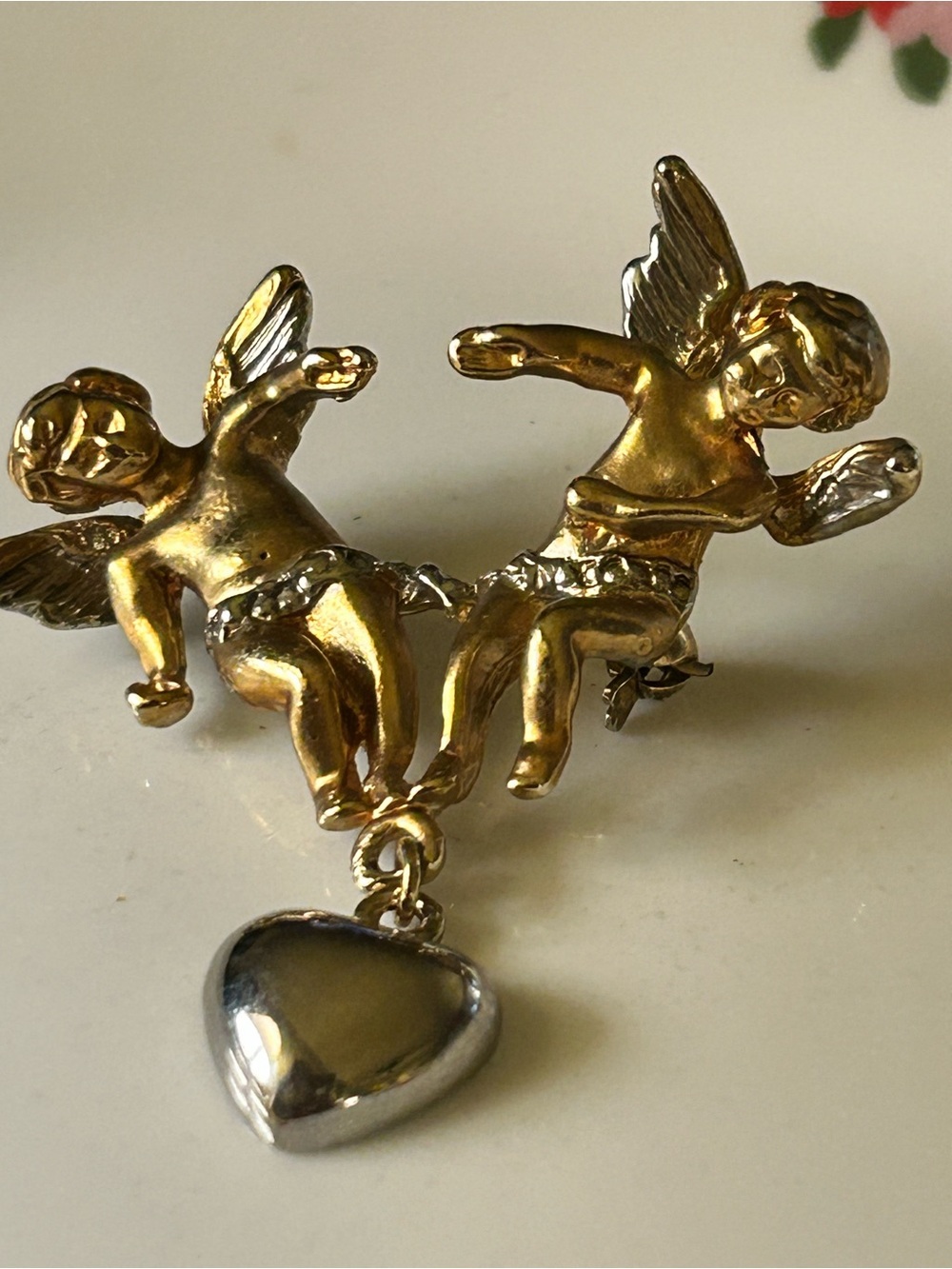 Vintage Gold Tone Cherub Brooch with Silver Heart Dangle two tone angel pin
